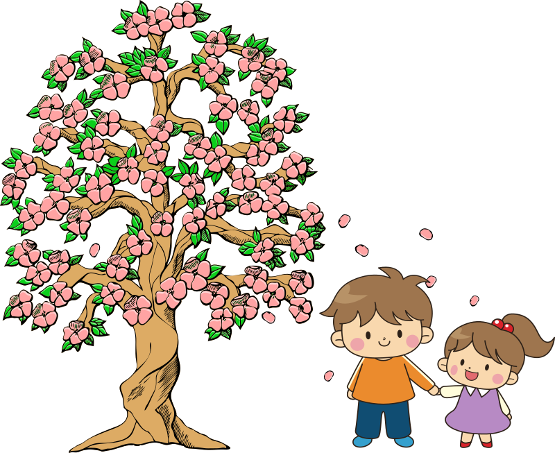 Clipart: Kinder unter rosa-blühendem Baum